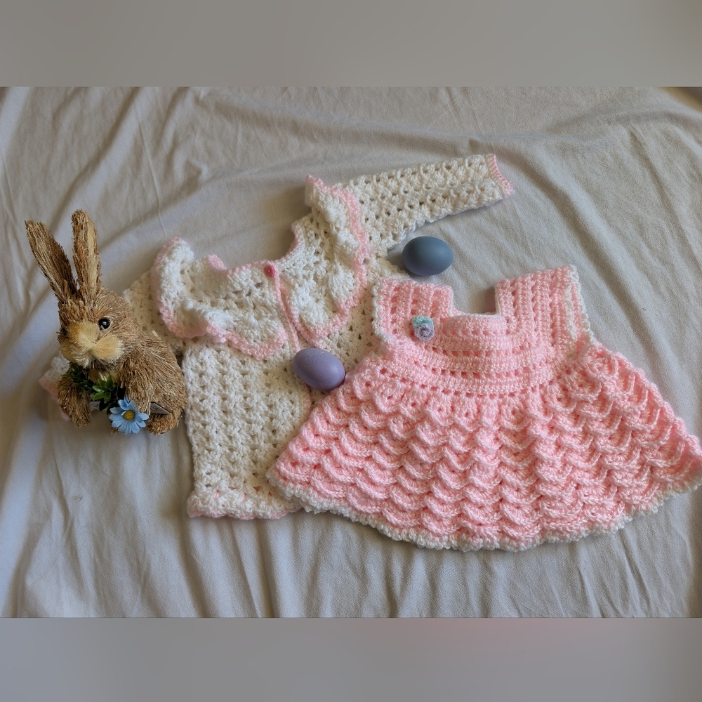 Handmade Crochet Baby Dress & Cardigan Set Pink 0–6M Cottagecore